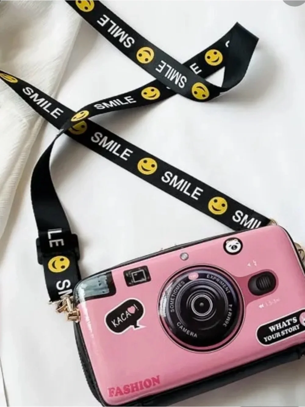 Pink Fashion Camera-Style Crossbody Bag with Smile Strap